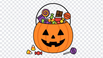 Halloween Candy Bucket PNG featuring a jack-o'-lantern filled with candy, perfect for Halloween designs, transparent background PNG.