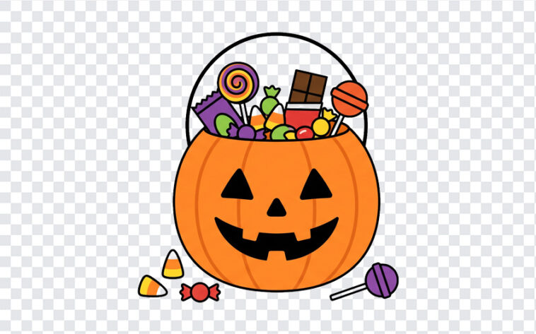 Halloween Candy Bucket PNG featuring a jack-o'-lantern filled with candy, perfect for Halloween designs, transparent background PNG.