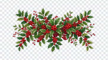 Holly Leaves And Red Berries PNG with festive design for holiday decor, transparent background PNG.