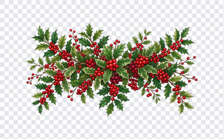 Holly Leaves And Red Berries PNG with festive design for holiday decor, transparent background PNG.
