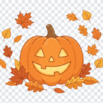 Pumpkin Lantern With Autumn Leaves PNG in a whimsical style, perfect for fall designs, transparent background PNG.