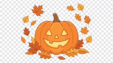 Pumpkin Lantern With Autumn Leaves PNG in a whimsical style, perfect for fall designs, transparent background PNG.