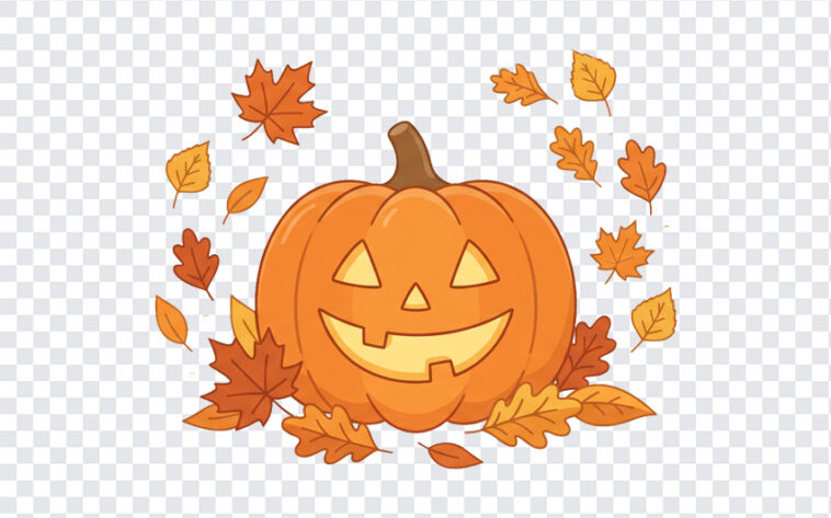Pumpkin Lantern With Autumn Leaves PNG in a whimsical style, perfect for fall designs, transparent background PNG.