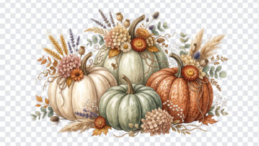 Pumpkins With Dried Flowers PNG featuring autumnal arrangement, perfect for fall designs, transparent background PNG.