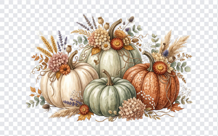 Pumpkins With Dried Flowers PNG featuring autumnal arrangement, perfect for fall designs, transparent background PNG.