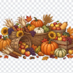 Rustic Harvest Baskets PNG featuring autumn fruits and vegetables, perfect for seasonal designs, transparent background PNG.