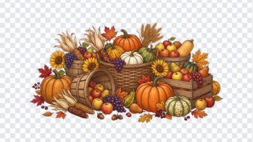 Rustic Harvest Baskets PNG featuring autumn fruits and vegetables, perfect for seasonal designs, transparent background PNG.