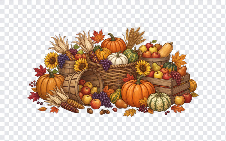 Rustic Harvest Baskets PNG featuring autumn fruits and vegetables, perfect for seasonal designs, transparent background PNG.