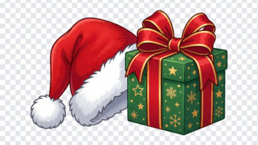 Santa Hat And Gift Box Clipart PNG in festive style, perfect for holiday designs, transparent background PNG.