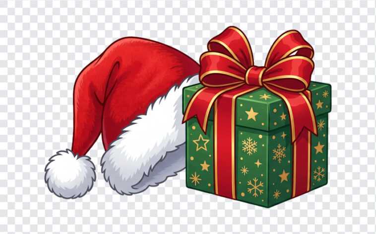 Santa Hat And Gift Box Clipart PNG in festive style, perfect for holiday designs, transparent background PNG.