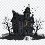 Spooky Haunted House PNG illustration with eerie design for Halloween projects, transparent background PNG.