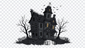 Spooky Haunted House PNG illustration with eerie design for Halloween projects, transparent background PNG.