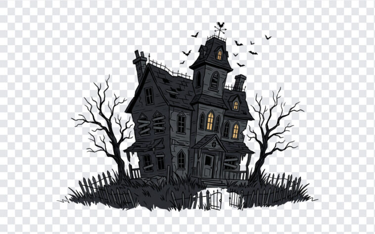 Spooky Haunted House PNG illustration with eerie design for Halloween projects, transparent background PNG.