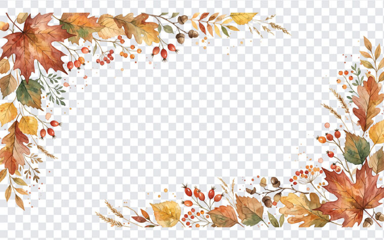 Watercolor Autumn Borders PNG with colorful leaves on a transparent background.