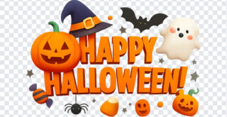 Colorful Halloween decorations with pumpkins and ghosts on a transparent background