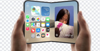 Apple IPhone Duo In Hands PNG showcasing foldable design and apps on transparent background PNG.